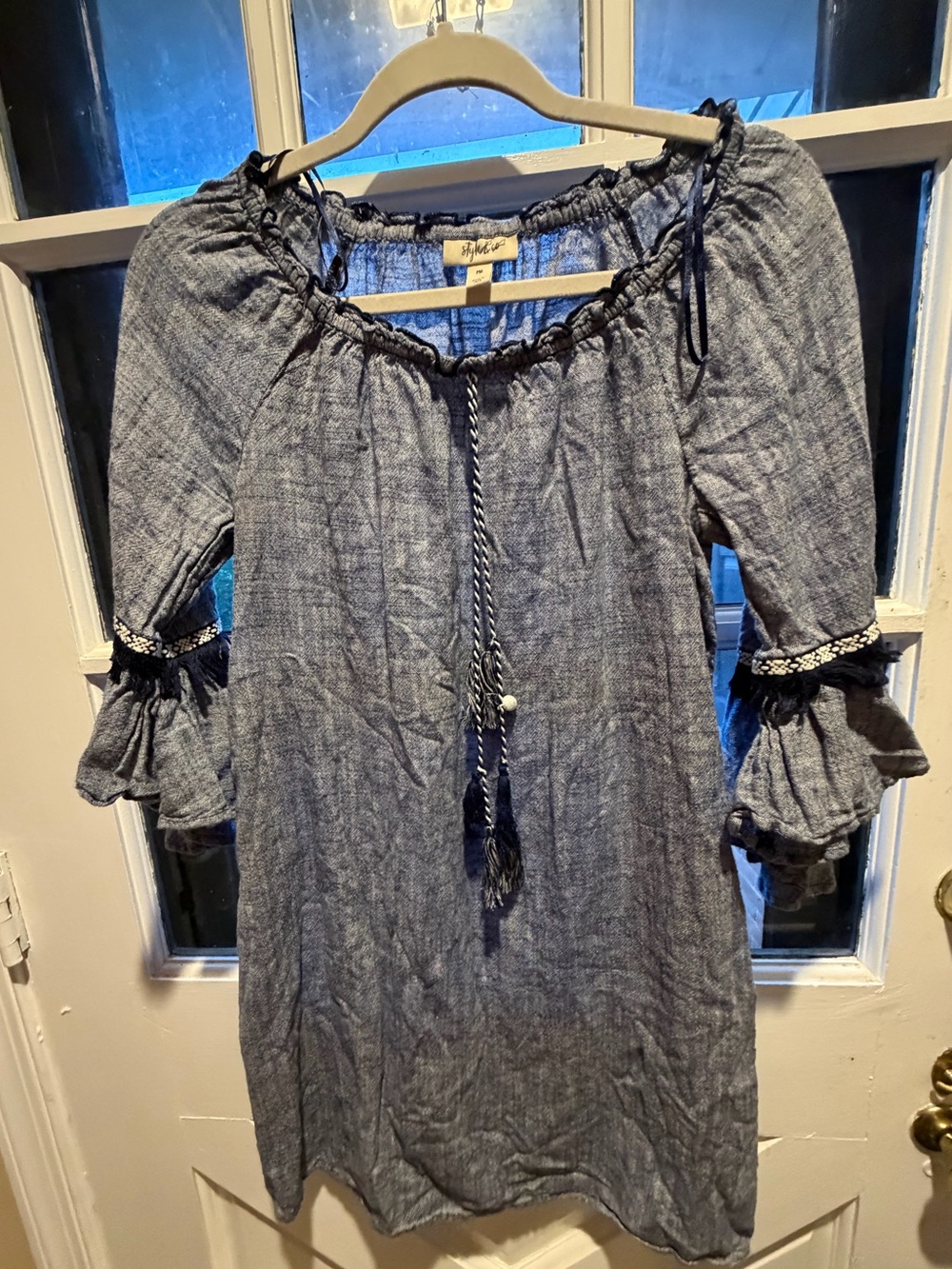 Style & Co. Chambray Blue Off-Shoulder Tunic Dress with Tassel Tie, MED-P